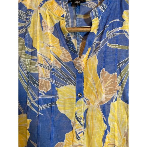 Cocomo Popover Top Womens Medium Cobalt & Yellow Tropical Floral Flutter Sleeve - Picture 2 of 12